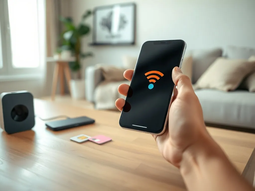 Smartfon z kolorowymi kreskami zasięgu obok różowej karty SIM T‑Mobile, symbol zmiany taryfy na kartę.