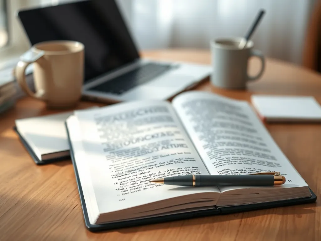 Otwarta książka do gramatyki języka polskiego na biurku, obok notes i długopis, tworzą spokojną atmosferę nauki.