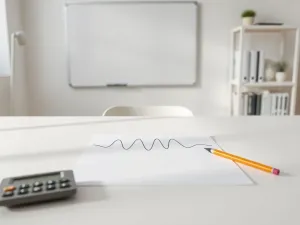 Minimalistyczne biurko do nauki fizyki z narysowaną falą sinusoidalną, kalkulatorem i ołówkiem, nawiązujące do obliczania długości fali.