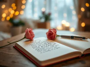 Otwarty notes z wierszem i serduszkiem obok różowego kwiatu i długopisu, w ciepłym, romantycznym świetle.