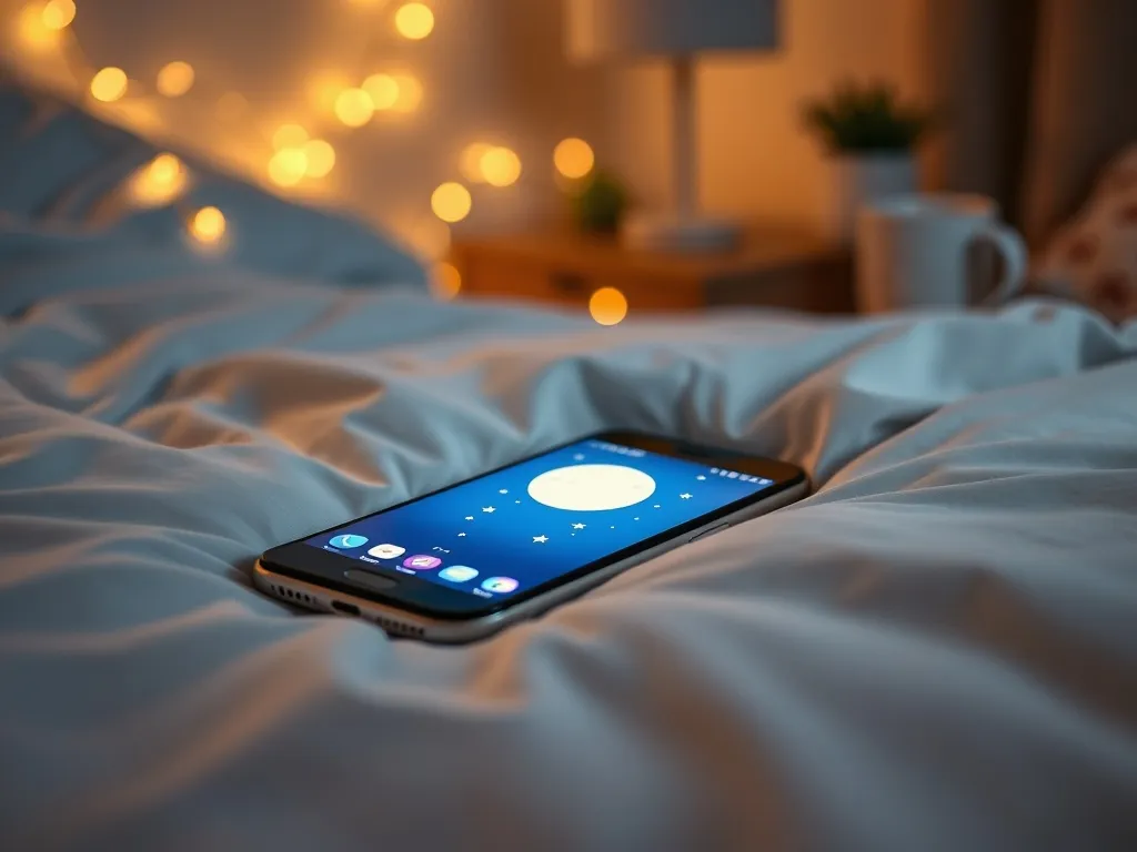 Smartfon na miękkiej pościeli z animowanym księżycem i gwiazdami, w ciepłym, nastrojowym świetle przed snem.