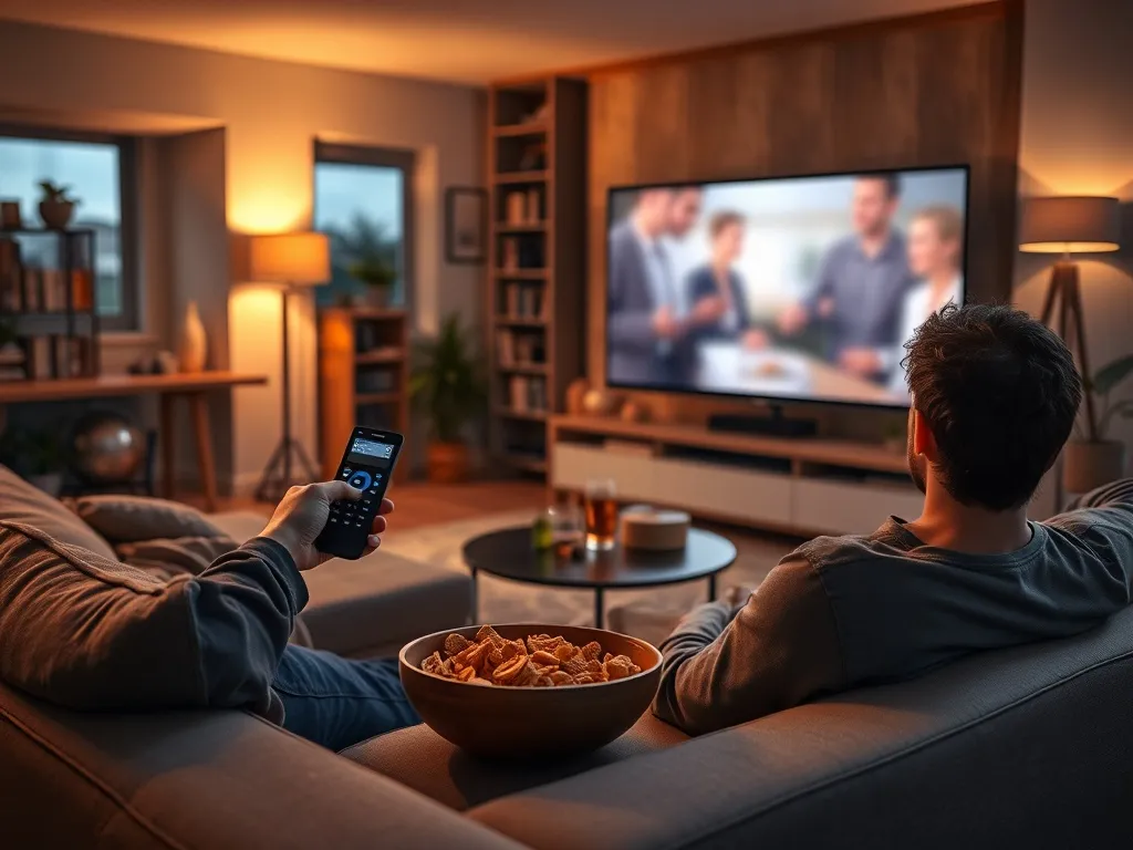 Osoba odpoczywa wieczorem na kanapie z pilotem, oglądając telewizję Super Polsat w przytulnym, ciepło oświetlonym salonie.