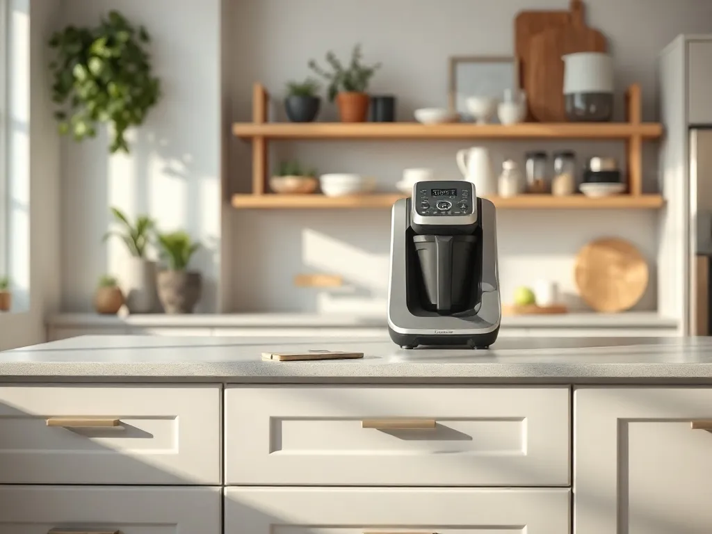 Thermomix na eleganckiej szafce w jasnej, minimalistycznej kuchni w stylu skandynawskim, z przytulnymi detalami w tle