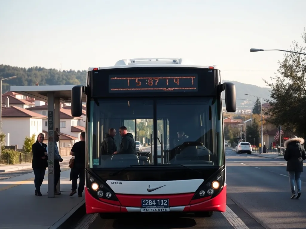 Nowoczesny autobus miejski ZKM Bielawa na spokojnym przystanku, pasażerowie wsiadają w słoneczny dzień