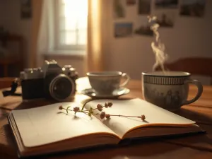 Otwarty notes z zasuszoną rośliną, stary aparat i kubek herbaty na stole, w ciepłym, nostalgicznym świetle wspomnień.
