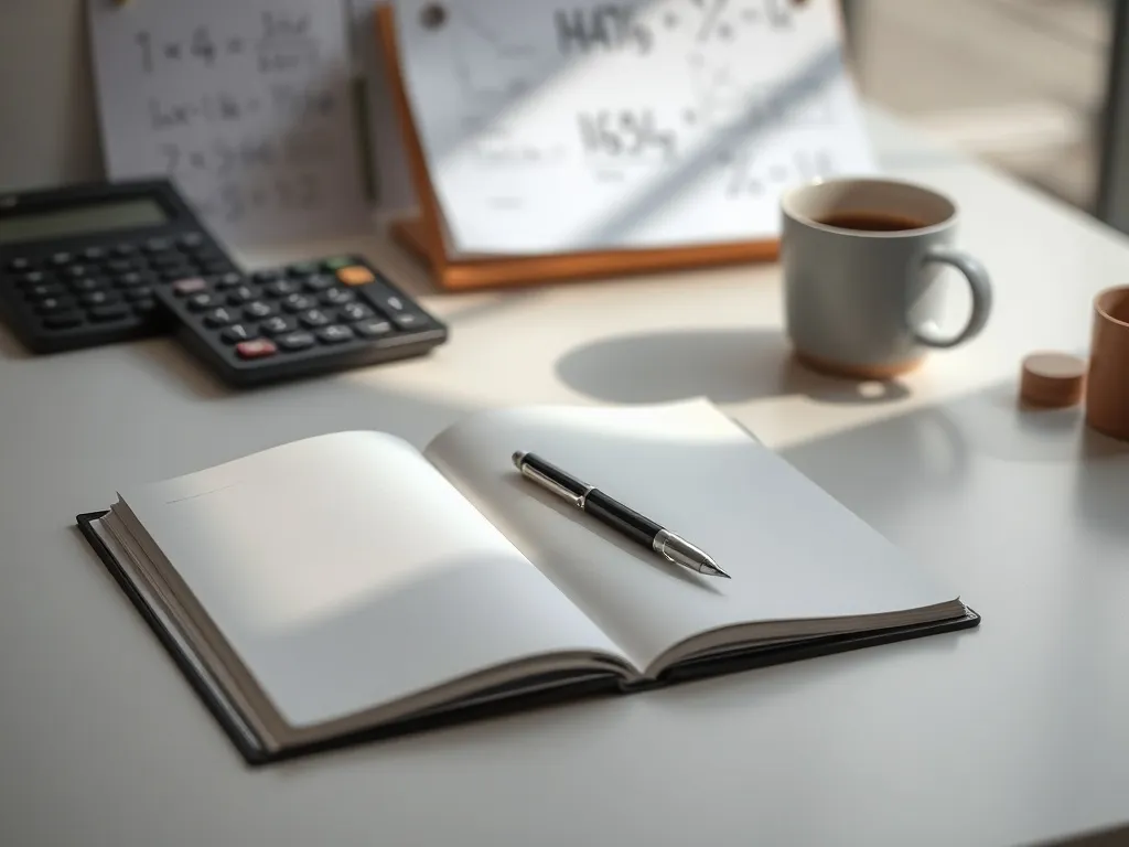 Zegar na biurku obok zeszytu i kalkulatora, ilustrujący obliczanie czasu w prostych zadaniach matematycznych