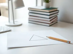 Rysunek ostrosłupa na białej kartce z ołówkiem i linijką na biurku, w tle książki matematyczne i roślina