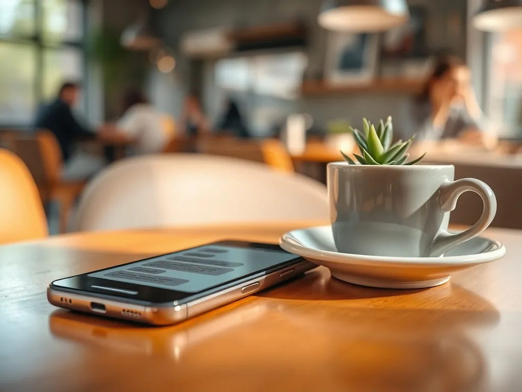 Smartfon z otwartym czatem na stoliku w przytulnej kawiarni, obok filiżanka kawy i roślina, ciepła, flirtująca atmosfera.