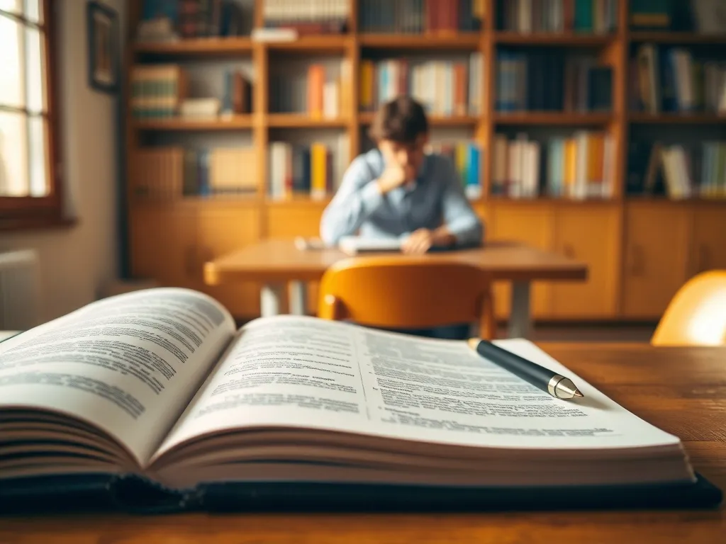 Uczeń zastanawia się nad zagadnieniami języka polskiego przy biurku z otwartym podręcznikiem i zeszytem w przytulnym wnętrzu.