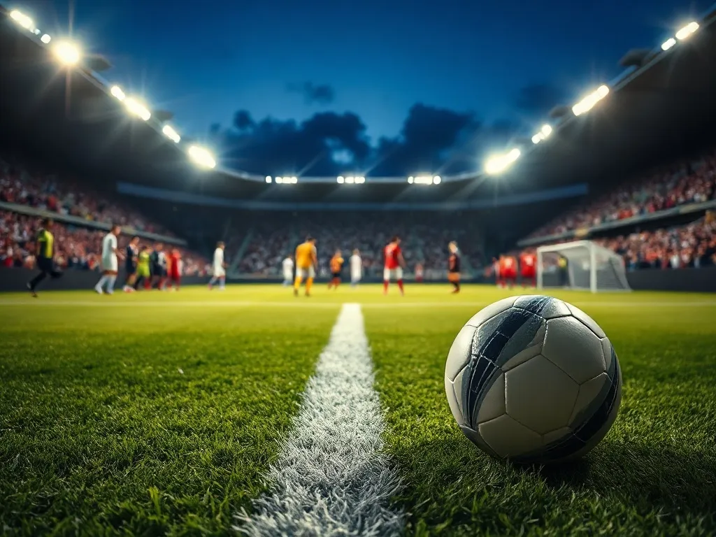 Piłka na środku murawy stadionu, w tle dwie drużyny gotowe do meczu Tottenham – Manchester City.
