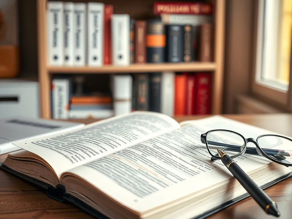 Otwarty słownik języka polskiego na biurku, obok długopis i okulary, w tle regał z książkami o języku i gramatyce