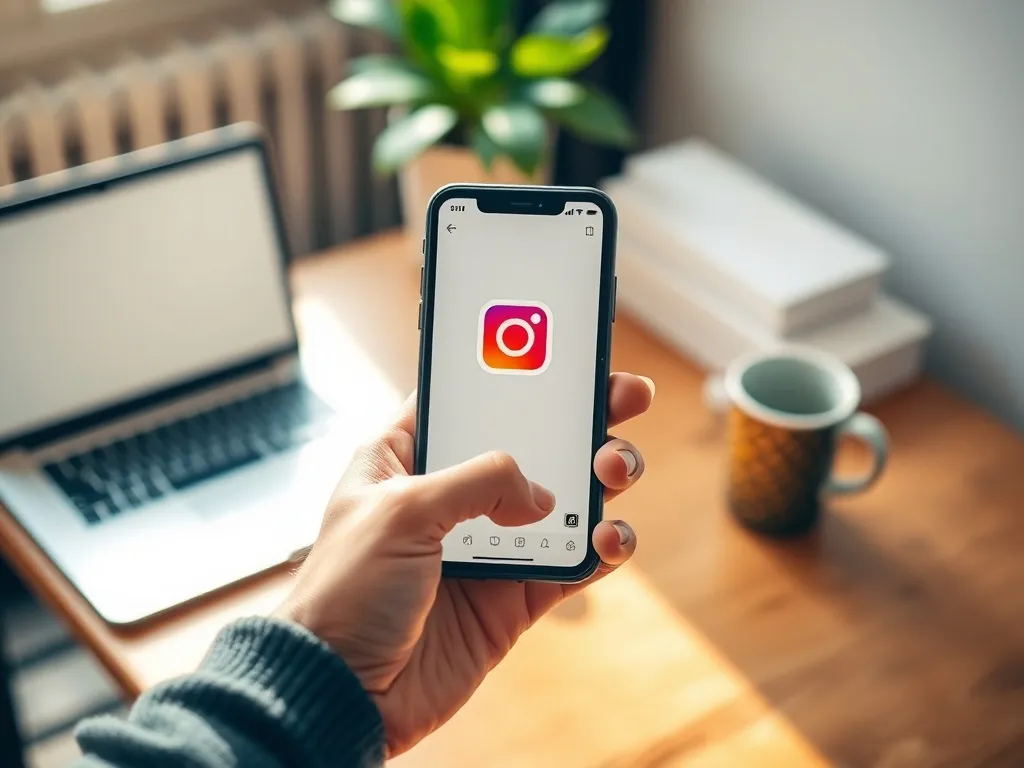 Dłoń trzymająca smartfon z otwartą aplikacją Instagram, w tle rozmyty laptop, kubek i roślina na biurku.