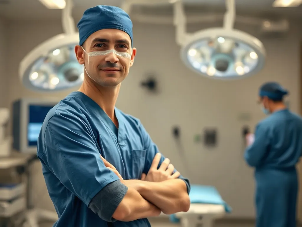 Neurochirurg w niebieskim stroju na tle sali operacyjnej, symbolizujący odpowiedzialność i prestiż tego zawodu