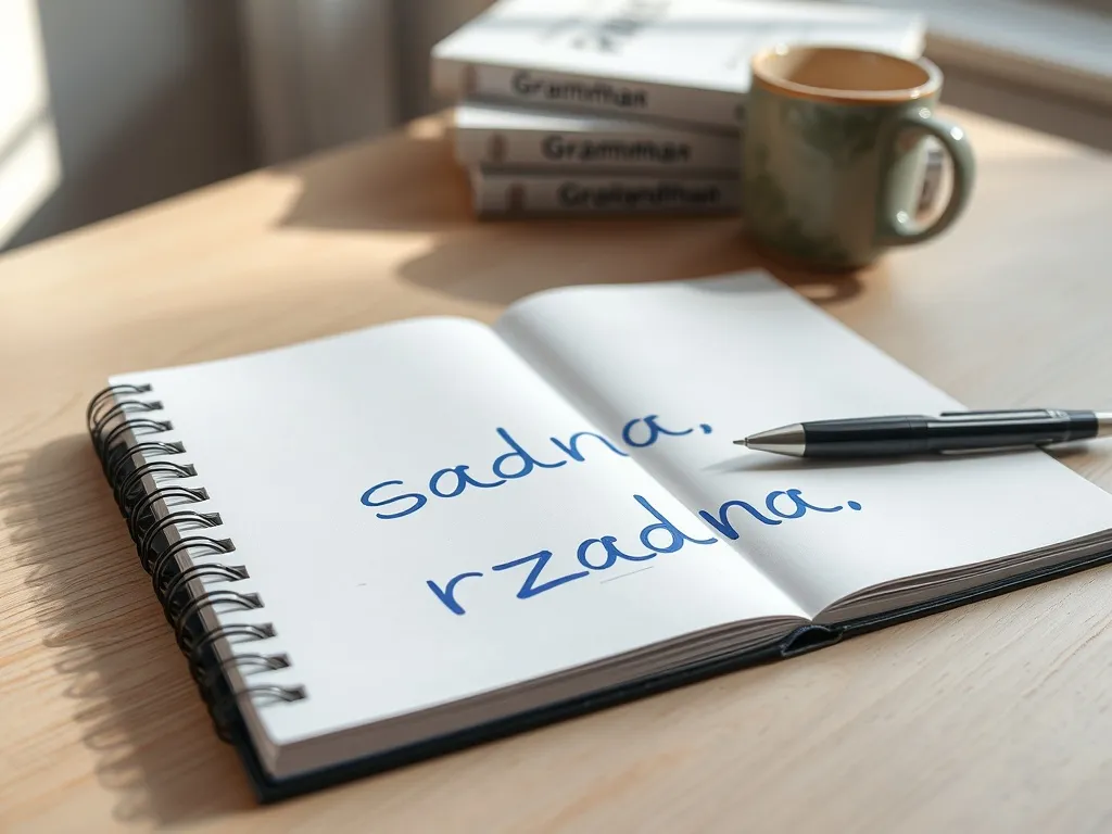 Słowa „żadna” i „rzadna” zapisane w zeszycie obok długopisu, w tle książki do gramatyki i kubek z kawą