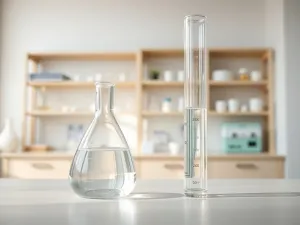 Kolba miarowa i cylinder z cieczą na biurku w pracowni chemicznej, ilustrujące temat obliczania objętości.