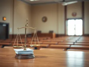 Biurko sędziego z wagą sprawiedliwości i dokumentami na tle pustej sali sądowej, podkreślające powagę sprawy dziecka.