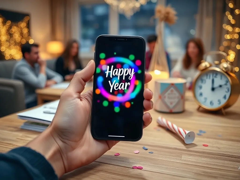 Smartfon z zatrzymaną kolorową animacją GIF, wśród noworocznych dekoracji i świętujących osób w tle