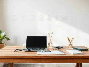 Biurko z narzędziami różnych zawodów na literę P: laptop, stetoskop, pędzle, klucz, notatnik na tle jasnego biura