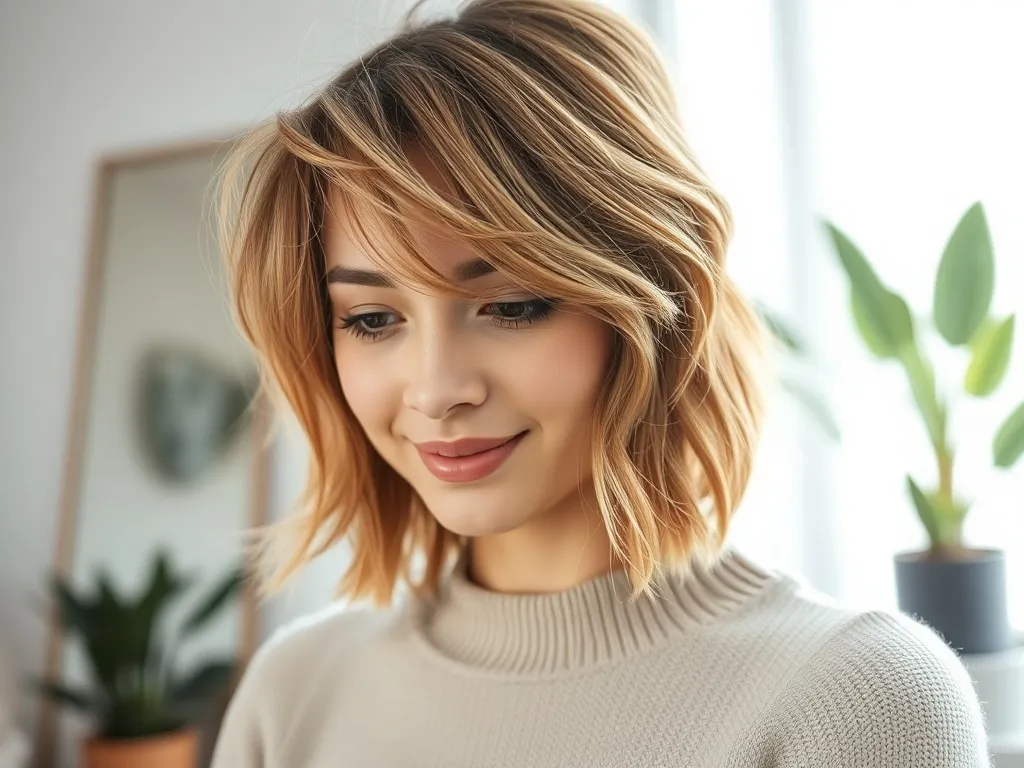 Kobieta z półdługim shaggy hair w naturalnych falach, delikatnie potarganych, w jasnym, przytulnym wnętrzu