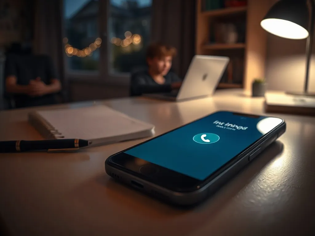 Smartfon z nadchodzącym połączeniem leżący na biurku obok notatnika, w tle osoba pracująca przy laptopie nocą.