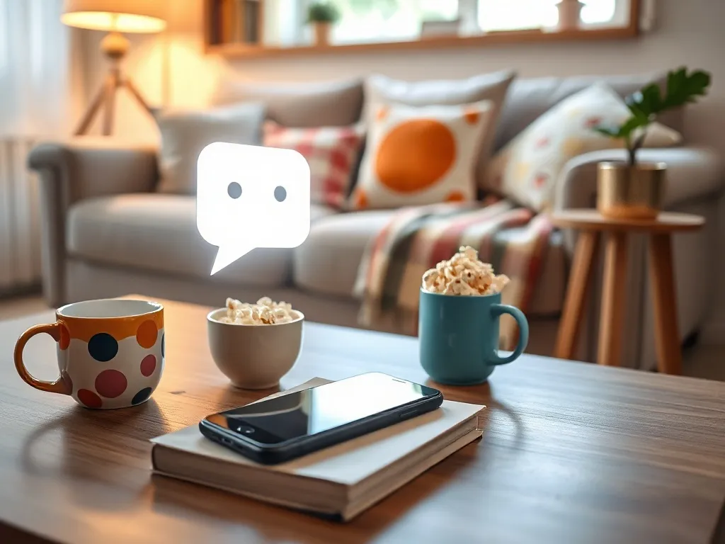 Smartfon na stoliku z żartobliwą ikonką czatu, obok kubek i popcorn w przytulnym salonie, nastrój luźnych, śmiesznych rozmów.