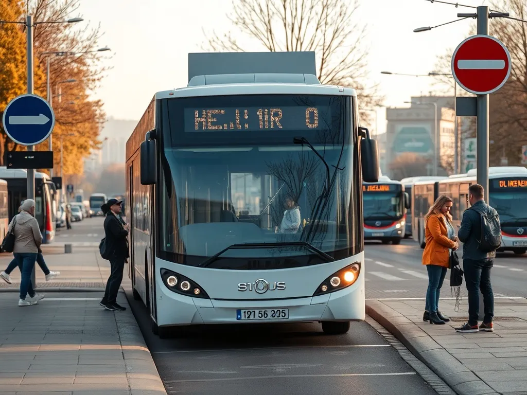 Autobus miejski ZDiTM na nowoczesnym przystanku w Lublinie, pasażerowie wsiadają i kasują bilety w spokojnej jesiennej scenerii.