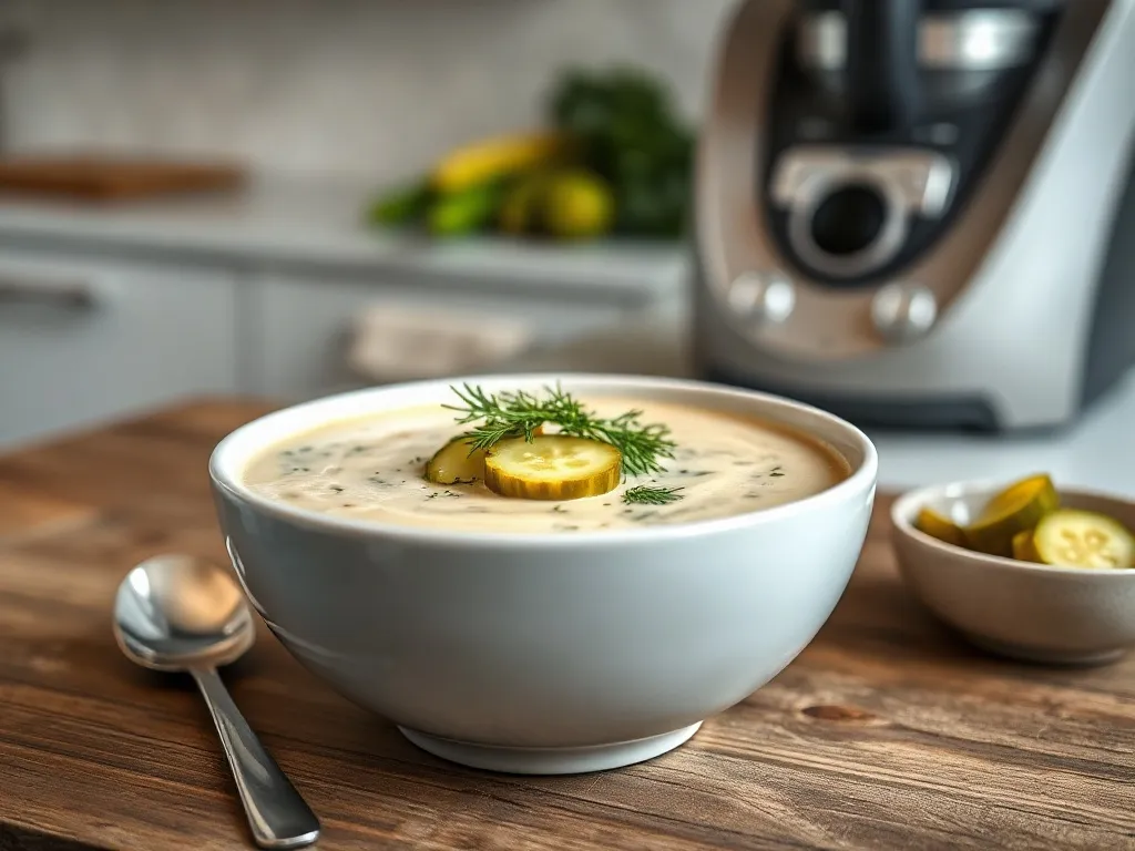 Miska gorącej zupy ogórkowej z koperkiem na rustykalnym stole, w tle Thermomix i świeże warzywa w jasnej kuchni.