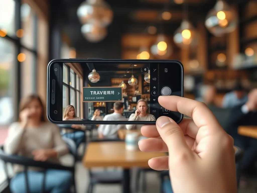 Smartfon z uruchomionym aparatem tłumaczącym obcojęzyczny znak w trakcie podróży w przytulnej kawiarni