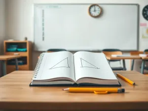 Zeszyt z narysowanym trójkątem prostokątnym 30‑60‑90 na ławce, obok linijka i ołówek w jasnej sali matematycznej.