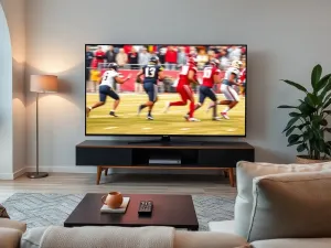 Nowoczesny salon z dużym telewizorem wyświetlającym dynamiczną scenę sportową, zachęcający do oglądania transmisji TVP Sport.