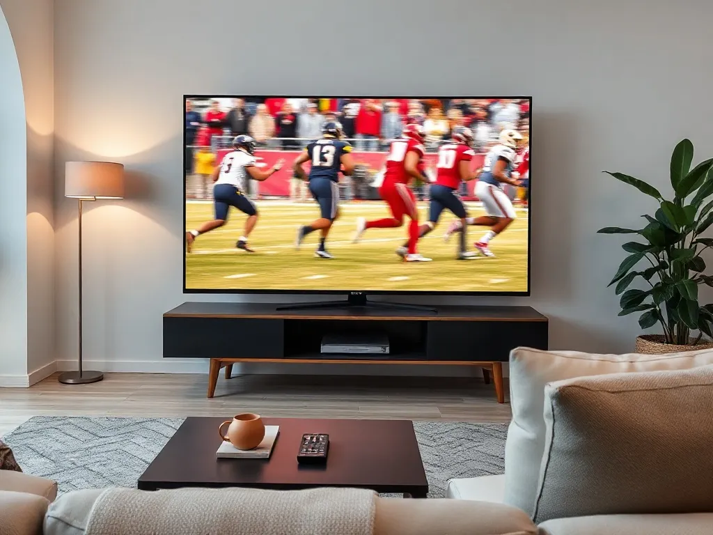 Nowoczesny salon z dużym telewizorem wyświetlającym dynamiczną scenę sportową, zachęcający do oglądania transmisji TVP Sport.