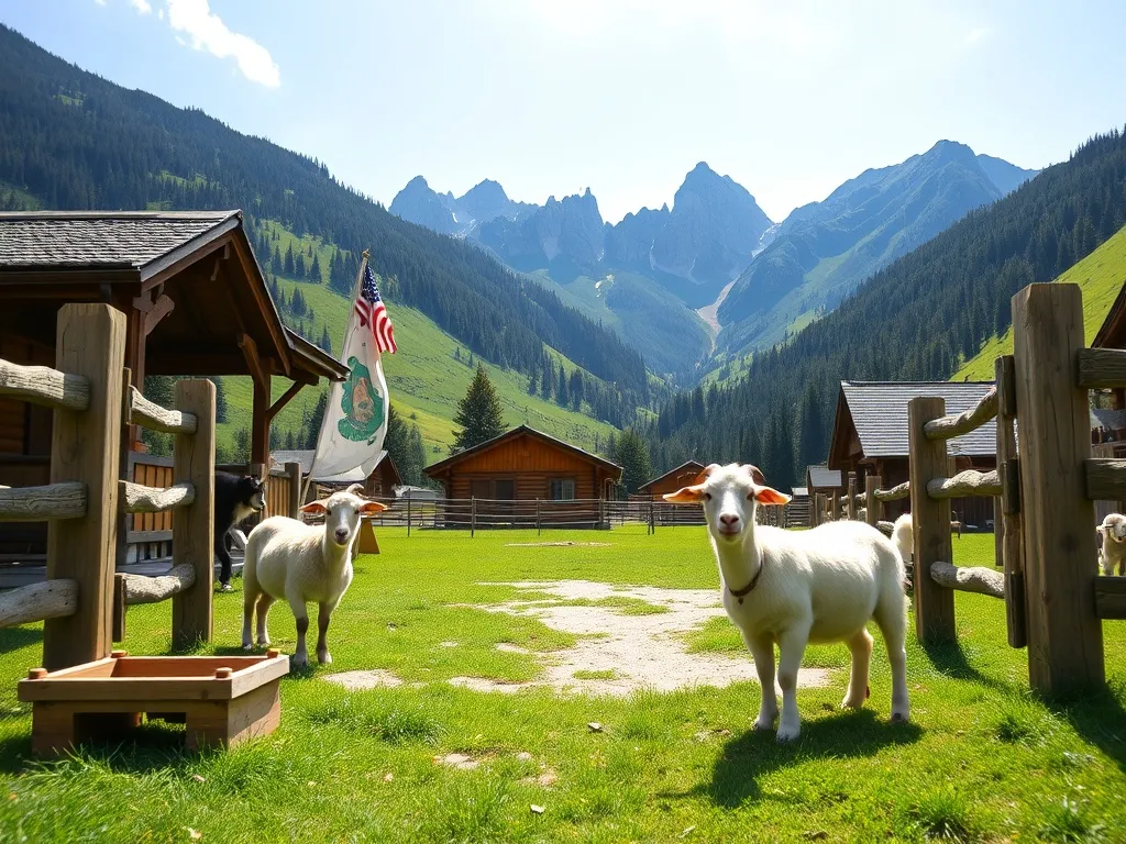 Wejście do tatrzańskiego mini zoo z kozą i owcą przy płocie, drewniane zagrody, w tle góralskie chaty i Tatry.
