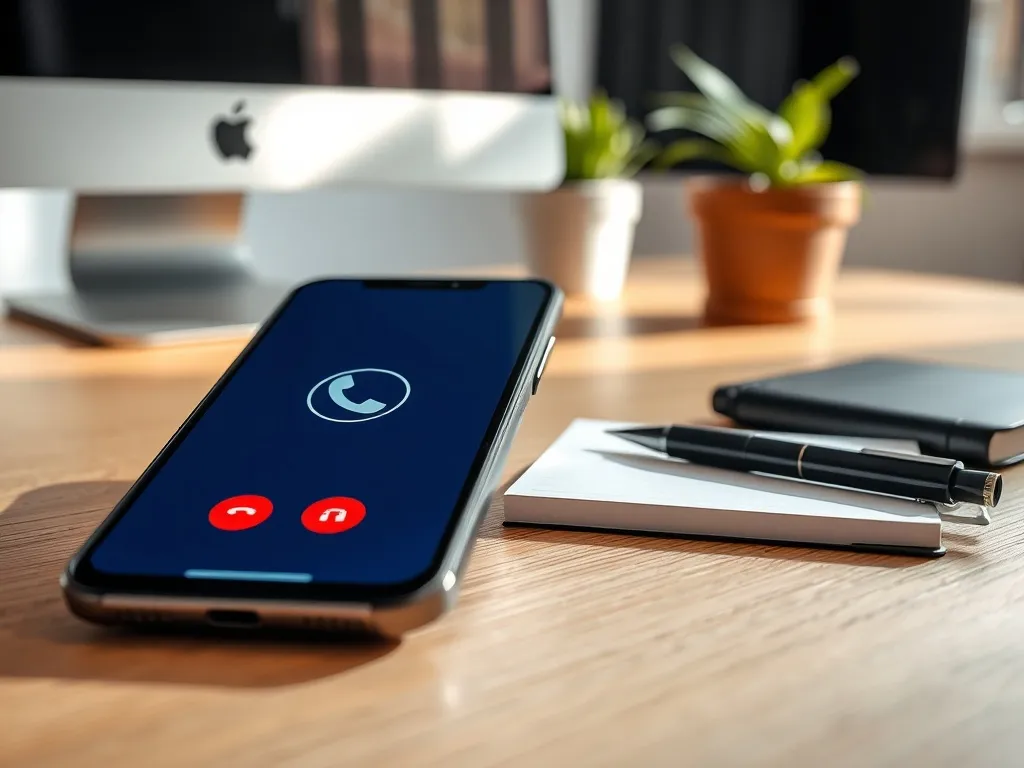 Smartfon z przychodzącym połączeniem na biurku obok notesu, symbolizujący kontakt telefoniczny z Wartą