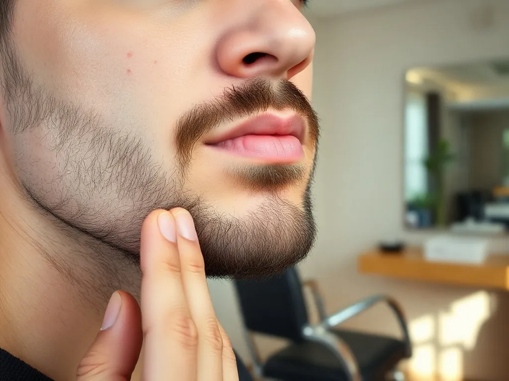 Mężczyzna z krótko przystrzyżonym zarostem dotykający brody, zastanawiający się nad stylem w nowoczesnym barber shopie