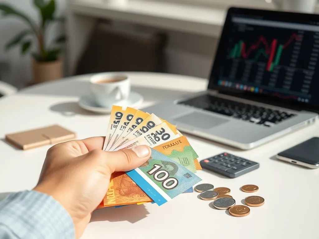 Dłoń trzymająca banknoty i monety randów RPA obok portfela, kalkulatora i wykresu walut na laptopie w jasnym biurze
