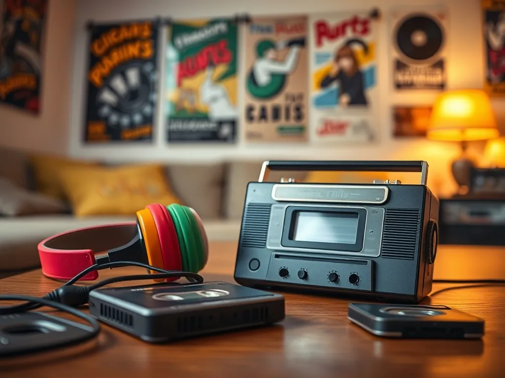 Walkman z kolorowymi słuchawkami i kasetami na stole, w tle przytulny pokój z plakatami, klimat nostalgii lat 90.