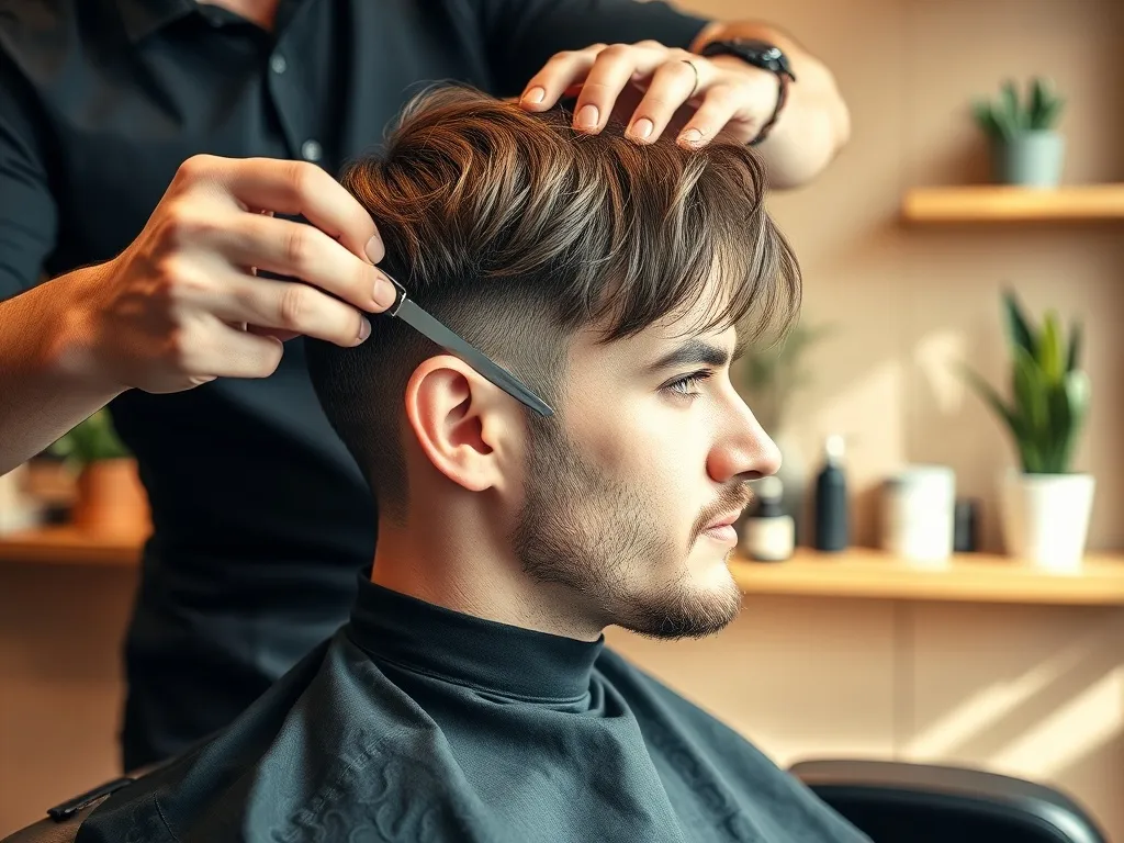 Fryzjer stopniuje włosy mężczyzny w nowoczesnym barber shopie, podkreślając kształt twarzy i teksturę fryzury