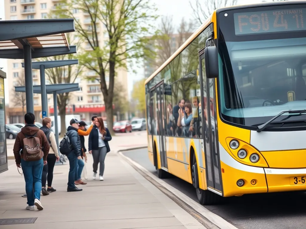 Nowoczesny żółto-biały autobus ZTM Ruda Śląska na przystanku, pasażerowie wsiadają w spokojnej miejskiej scenerii.
