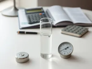 Przezroczysty cylinder z cieczą, odważnik i manometr na biurku, ilustrujące praktyczne obliczanie ciśnienia.