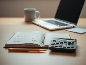 Notatnik z zapiskami algebraicznymi i kalkulator na uporządkowanym biurku, symbol szybkiego rozwiązywania zadań z algebry