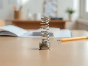 Sprężynowy dynamometr ciągnący klocek po gładkim stole, ilustrujący praktyczne zastosowanie wzoru na siłę.