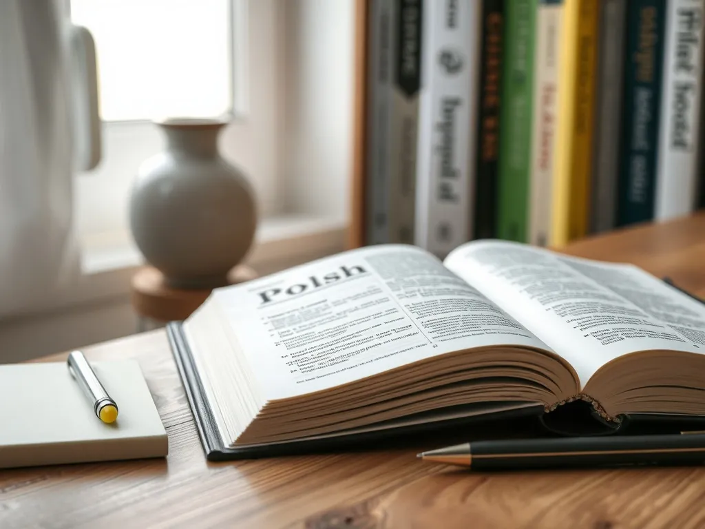 Otwarty słownik języka polskiego na biurku, podkreślone słowo, obok notes i długopis, tło z książkami o gramatyce.