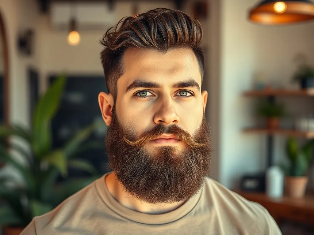 Mężczyzna z pełną brodą bez wąsa w nowoczesnym barber shopie, podkreślona gładka skóra nad górną wargą.