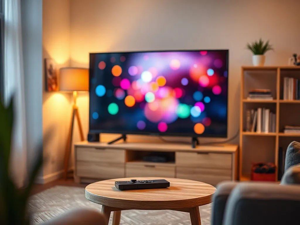 Przytulny salon wieczorem, w centrum nowoczesny telewizor emitujący kolorowe światło, zachęcający do oglądania programu.