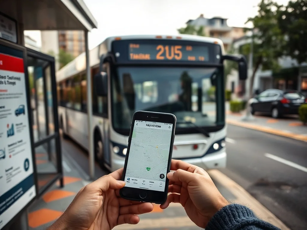 Osoba sprawdza połączenia MPK Suwałki na smartfonie przy przystanku z rozkładem jazdy i stojącym autobusem.