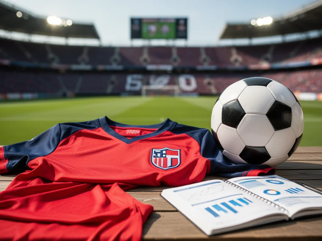 Koszulka Osasuny, piłka i notes ze statystykami na tle stadionu, podkreślające aktualne rankingi i miejsce w lidze.