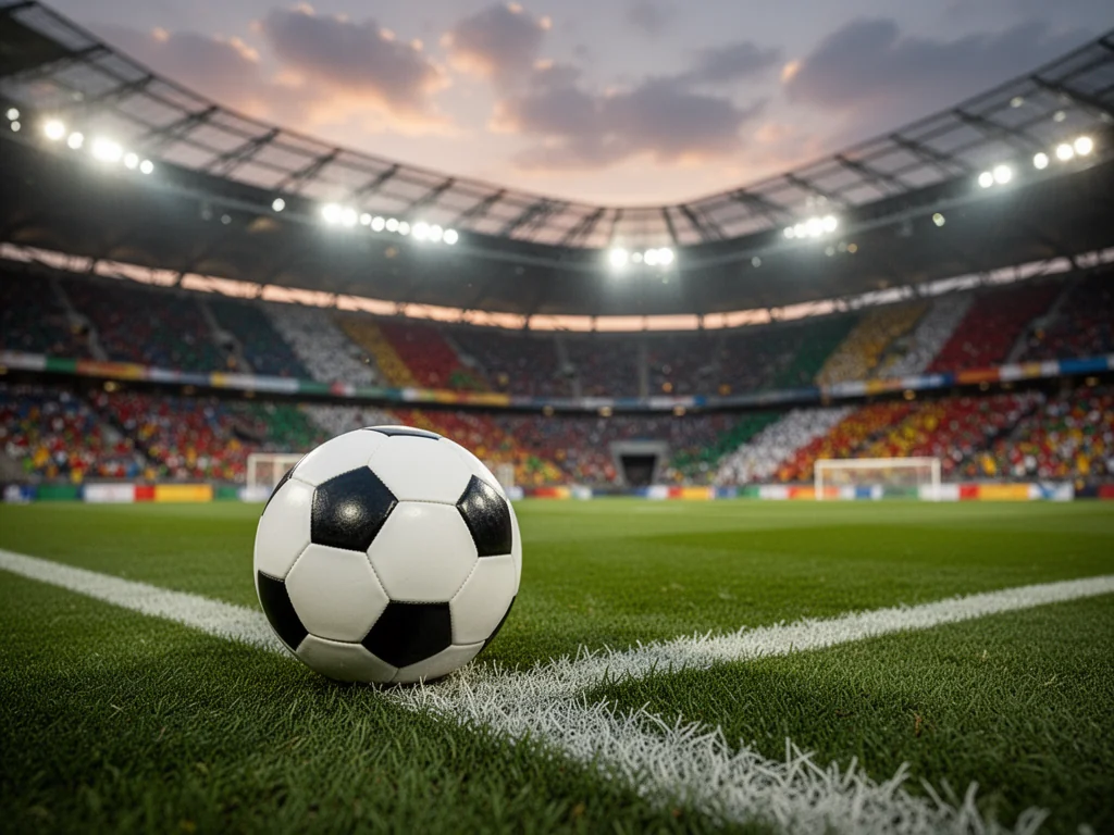 Piłka na murawie przy linii bocznej stadionu, w tle oświetlone trybuny pełne kibiców podczas meczu mistrzostw Europy