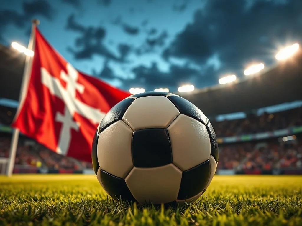 Piłka nożna na murawie stadionu na tle powiewającej flagi Gruzji, symbol sukcesów reprezentacji narodowej.