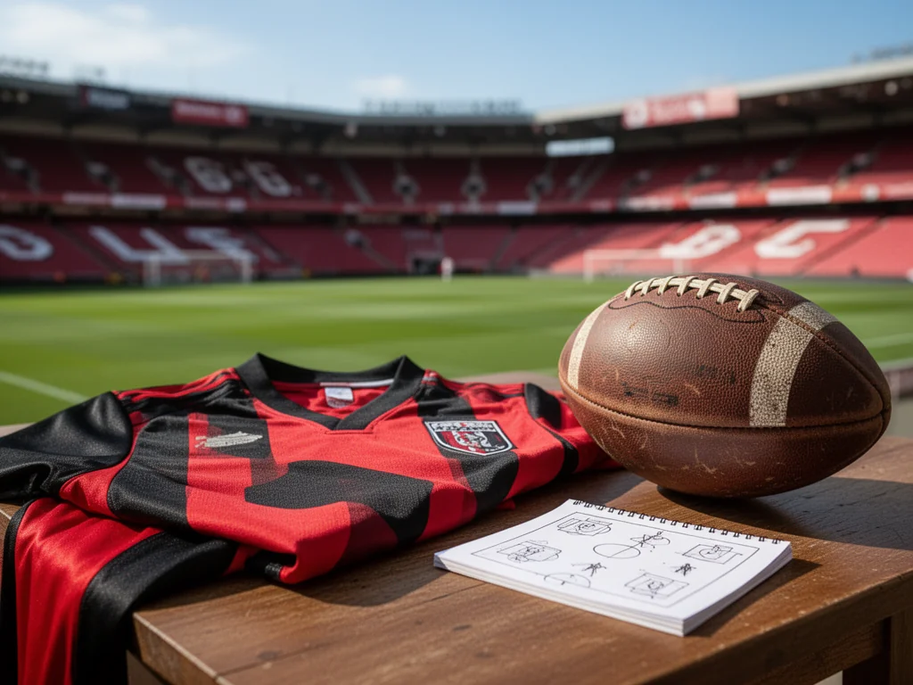 Koszulka RCD Mallorca i stara piłka na tle stadionu, podkreślające historię klubu i jego piłkarskie osiągnięcia.