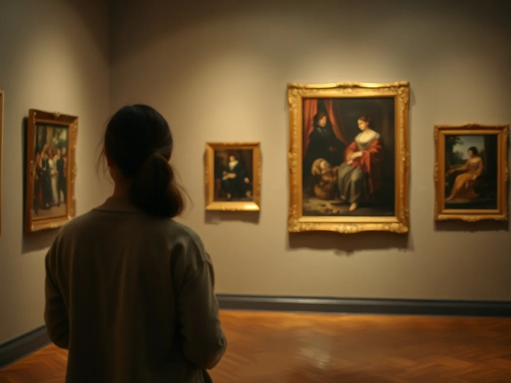 Zwiedzający w cichej galerii podziwia duży, klasyczny obraz w stylu Rembrandta, w ciepłym, muzealnym oświetleniu.